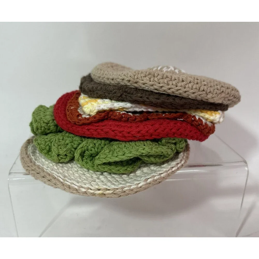Lot of 7 Crochet Trivets that form a bacon cheeseburger, lettuce, tomato, bun